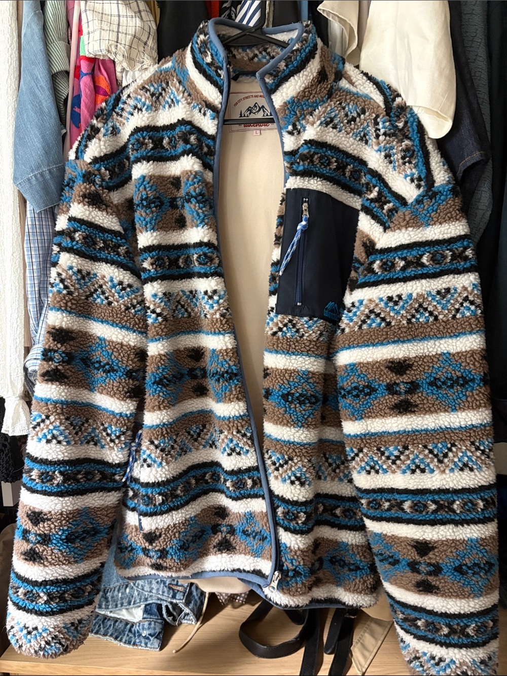 Men's Blue, Brown & Cream Patterned Sherpa Puffer Jacket